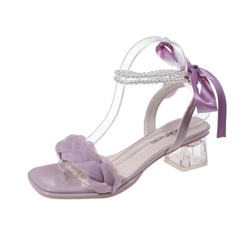 Ladies Aesthetic Slid On Pearl And Ribbons Straps Heels